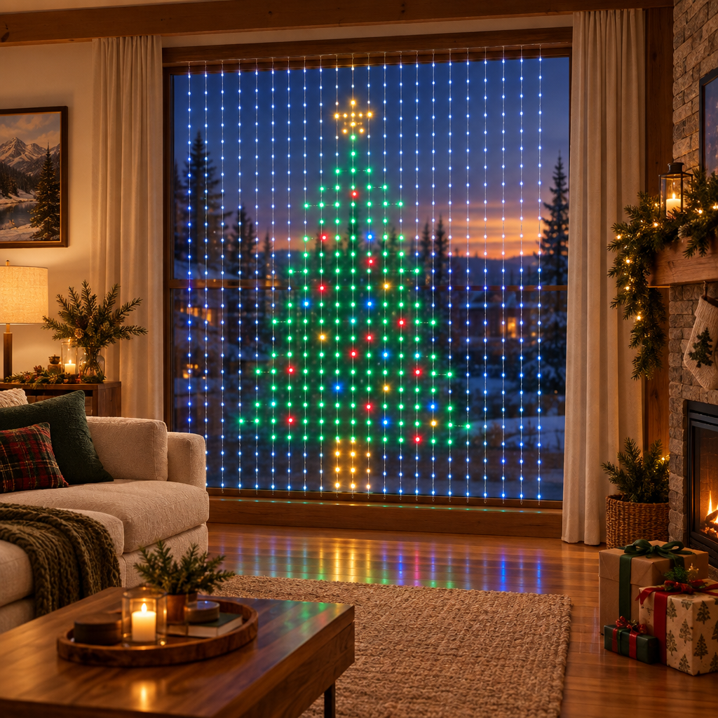 LumaGrid light curtain in a Christmas living room