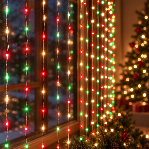 Close-up of LumaGrid curtain lights in a Christmas setting
